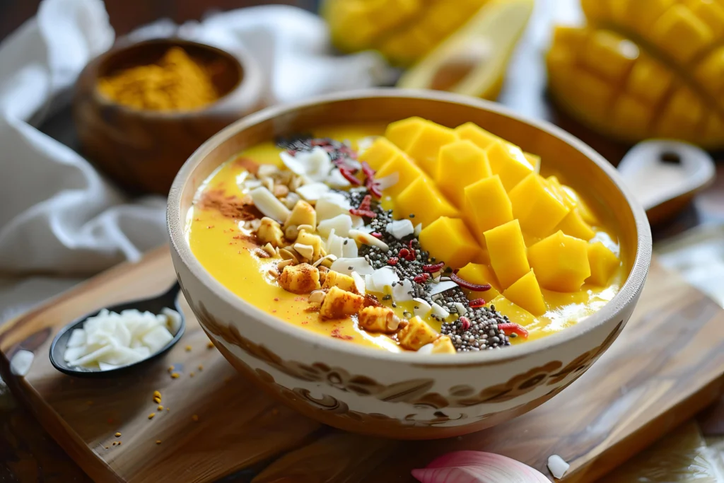 Delicious and healthy mango smoothie bowl topped with various ingredients, creating a vibrant and nutritious breakfast or snack option